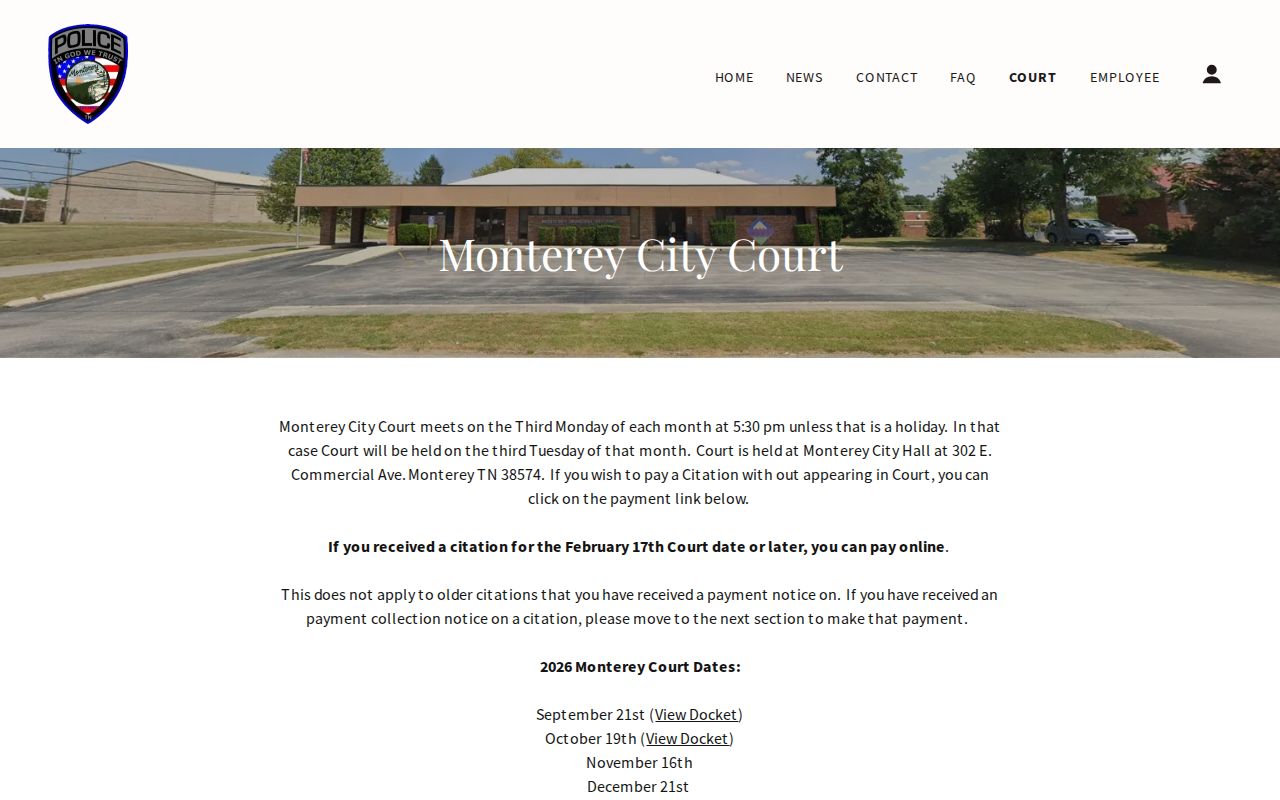 Official Monterey City Court monthly dates and View Docket links