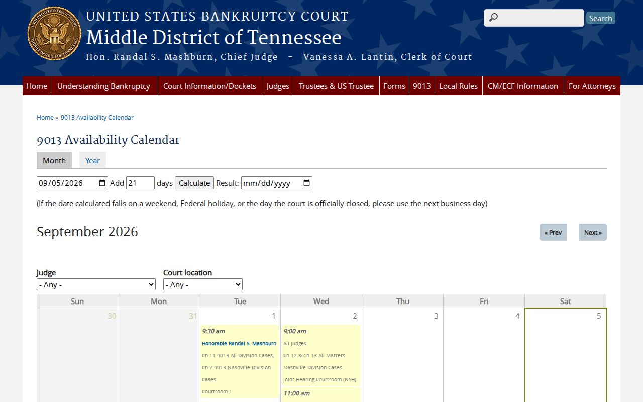 Putnam County federal bankruptcy court calendar filters